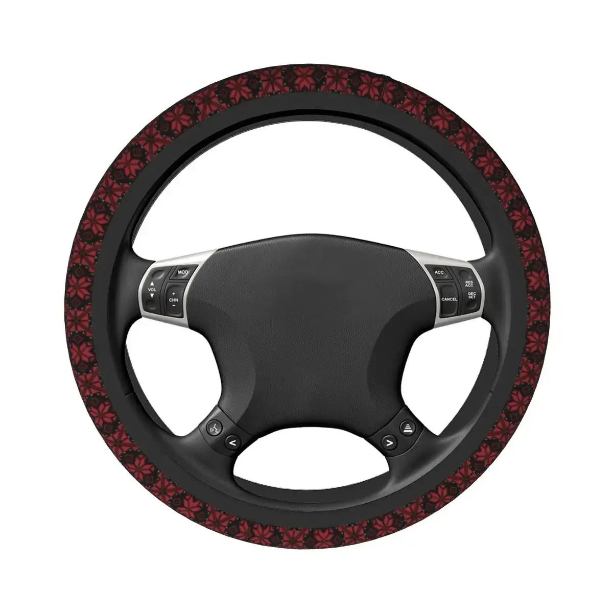 Black tatreez car steering wheel cover featuring a decorative border of red maple leaf patterns as a Palestinian floral auto accessory.