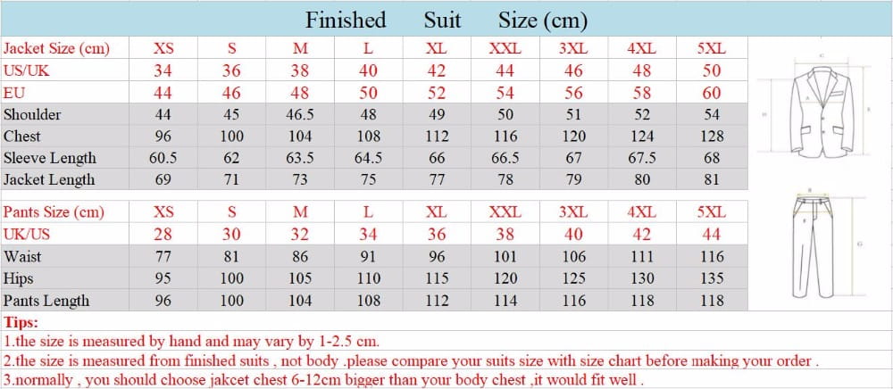 The size chart for slim fit men 3-piece tuxedo suit business wedding displays measurements in cm from xs to 5xl with closure type details for happy shopping.
