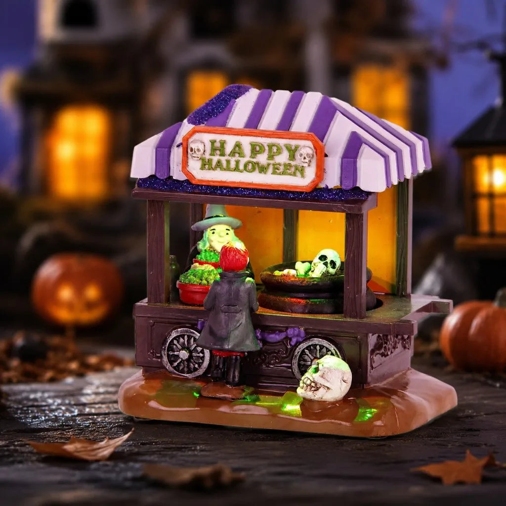 Halloween Spooky Village House Collectible with LED Lights Witch's Stall Shop Figurine Skeleton Decor for Holiday Atmosphere