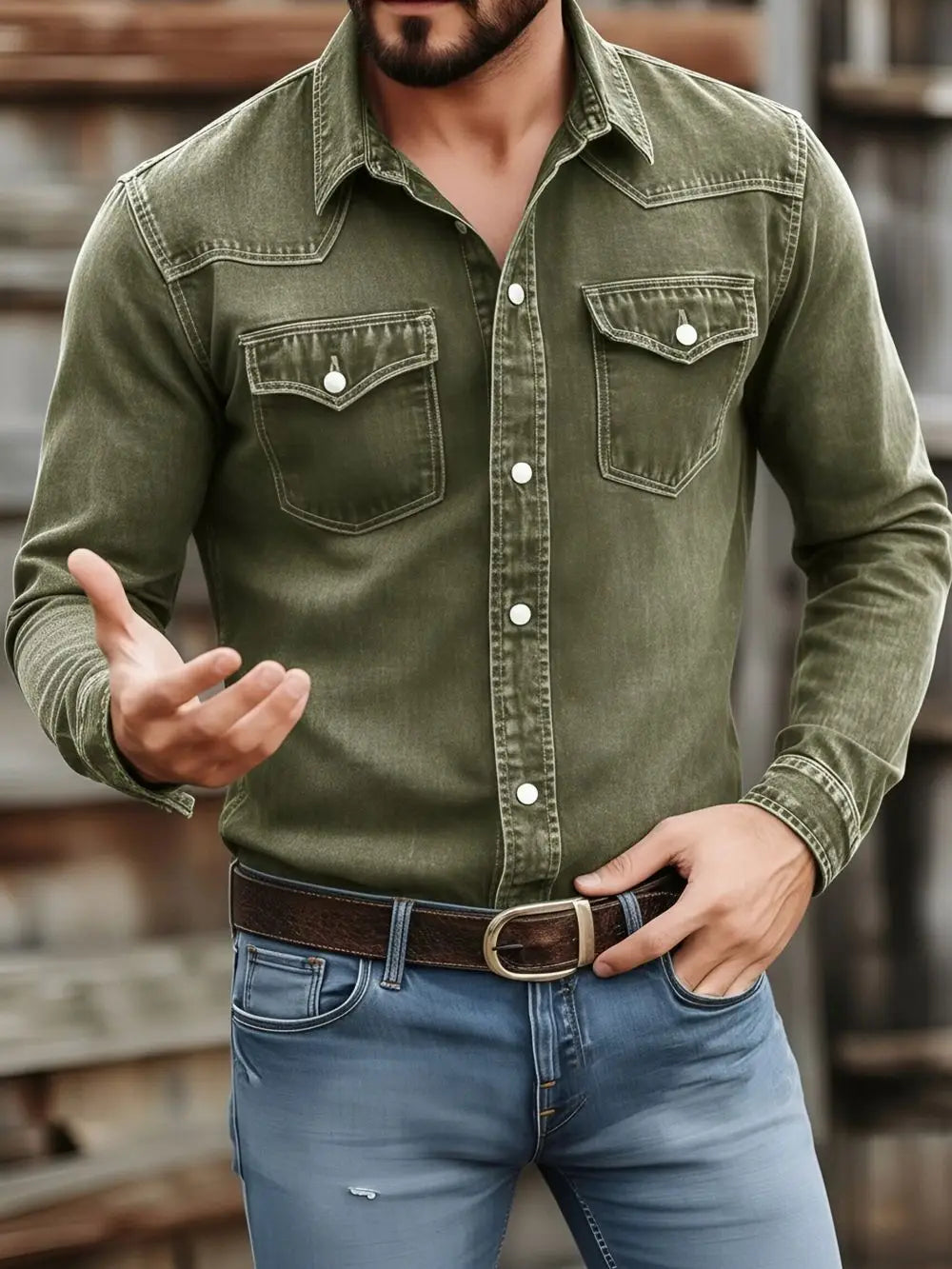 Men’s vintage denim shirt in olive green with long sleeves, two chest pockets, white buttons, and casual workwear style.