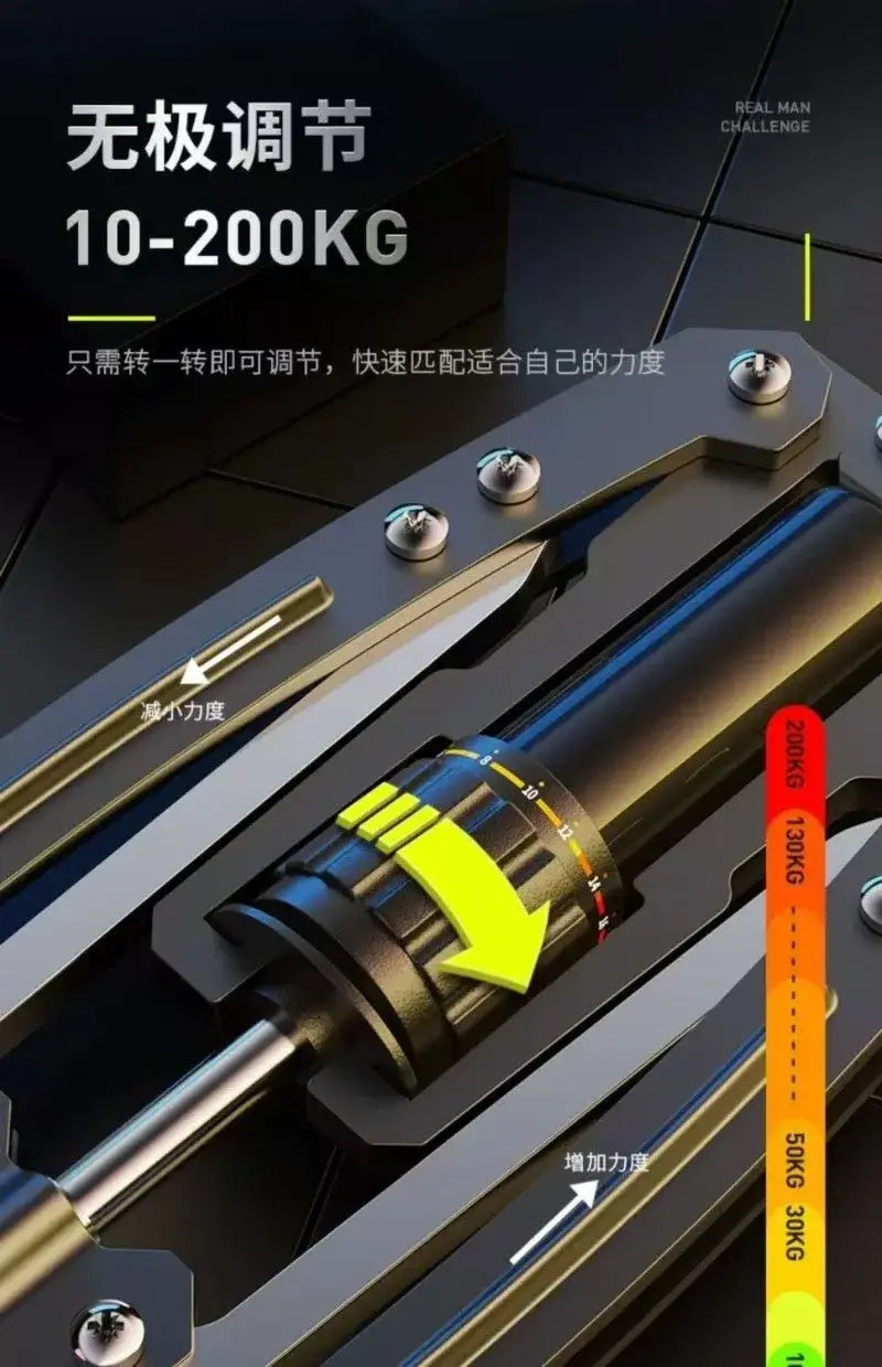 重量（キログラム）表示のある調整式レジスタンスダイヤルを備えた、黒とゴールドの金属製油圧パワーツイスター胸・腕エクササイザー。