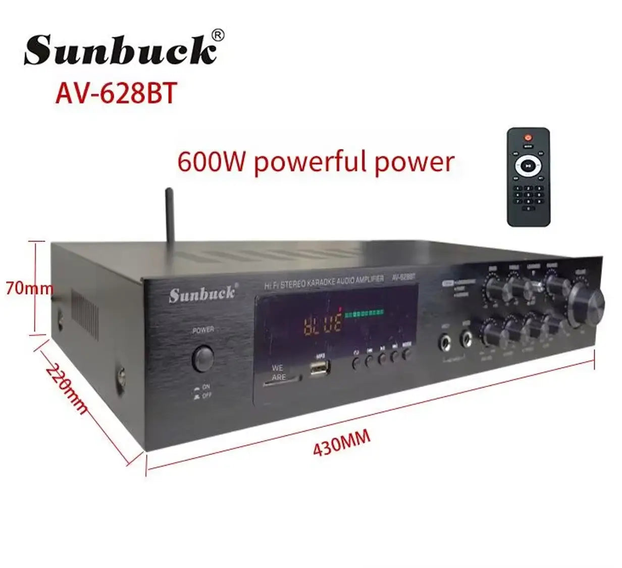 Black sunbuck av-628bt hi-fi black metal bluetooth stereo audio amplifier with digital display and multiple control knobs for high power 5.1 channel stereo karaoke use.