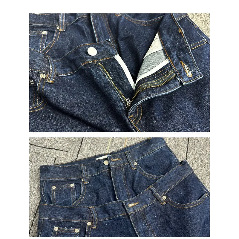 New Men Raw Denim Wide Leg Jeans Double Layer Waist Rivet Carpenter Pants Loose Straight Leg Dark Blue Casual Baggy Bottoms
