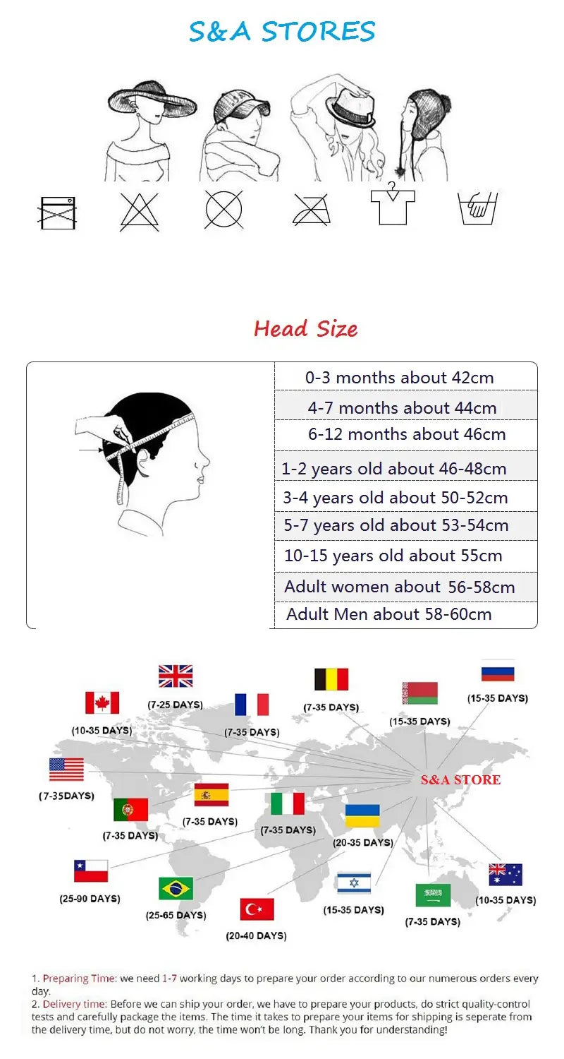 head size chart for s&a stores showing measurements in centimeters by age group and country-specific delivery times related to the sugar skull rivet snapback baseball cap