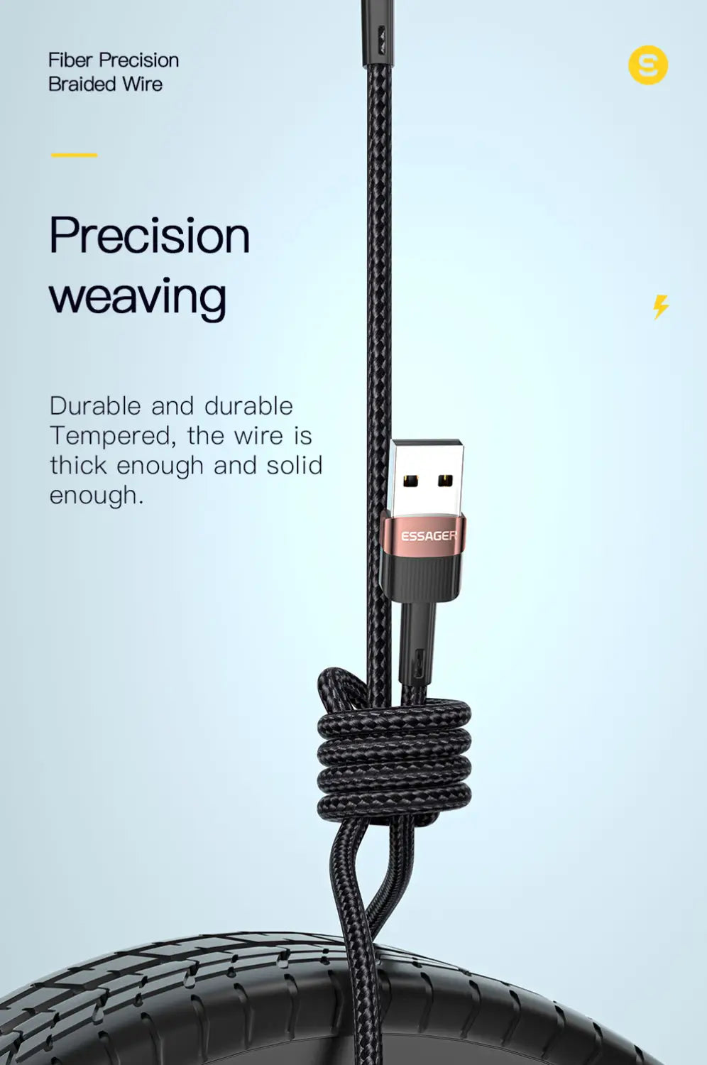 Cable negro trenzado USB para iPhone Essager de carga rápida de 2,4 A, con conector dorado rosado y negro, que presenta un tejido de precisión para mayor durabilidad.