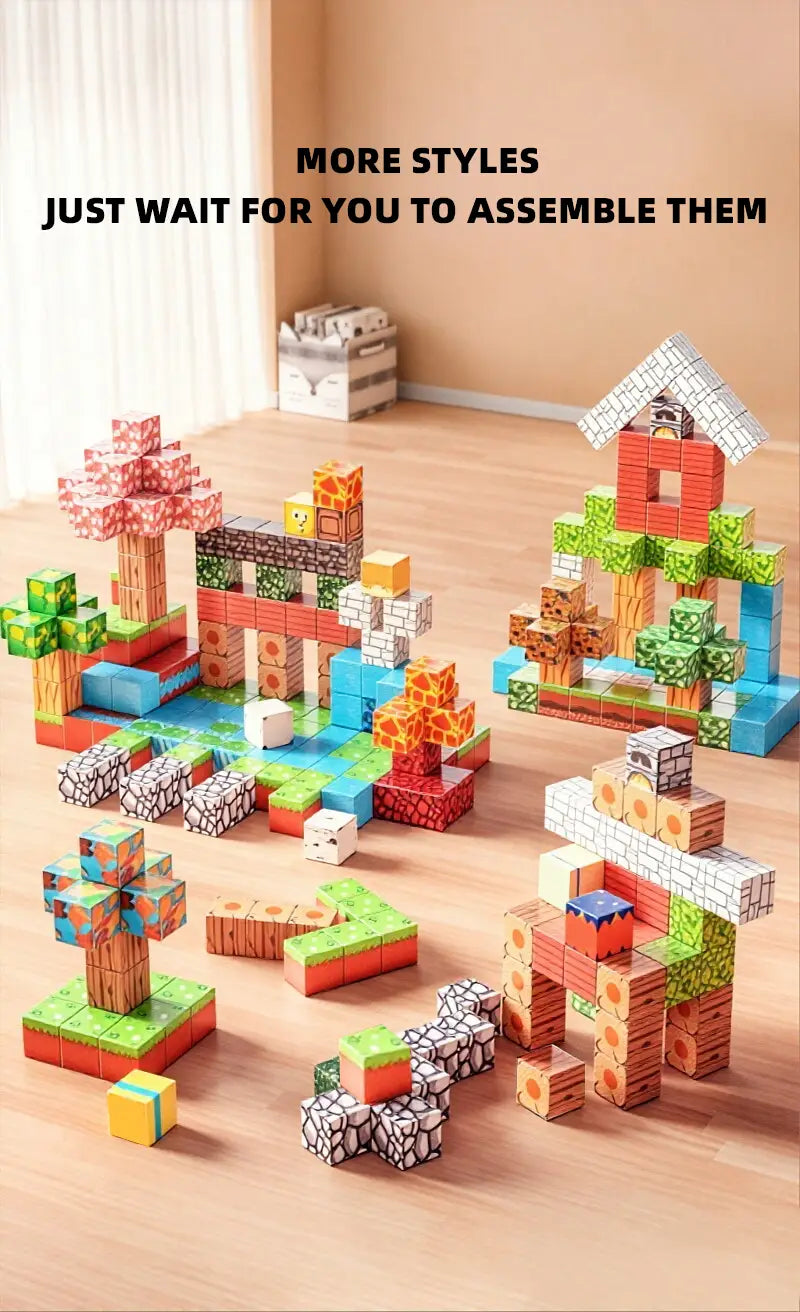 Bunte magnetische Bausteine, gestaltet wie Terrain und Bauwerke im Minecraft-Stil, hergestellt aus ineinandergreifenden Kunststoff-Spielzeug-Bausteinen für kreatives Spiel.