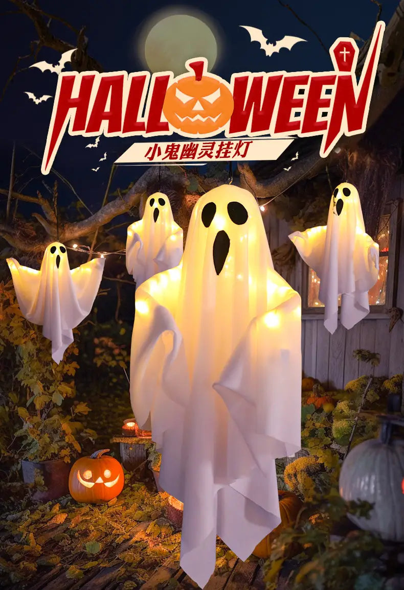 Guirlandes lumineuses suspendues en forme de fantôme translucide blanc à LED intégrées, avec illumination interne, pour la décoration d’Halloween