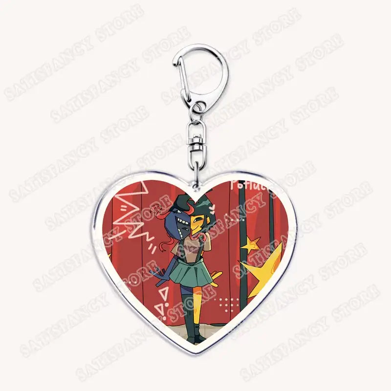 Herzförmiger Acryl-Anime-Schlüsselanhänger mit einem Cartoon-Charakter mit grünem Haar und einem Rock vor rotem Hintergrund, an einem silberfarbenen Metallverschluss befestigt, ideal als Geschenk für Gamer.