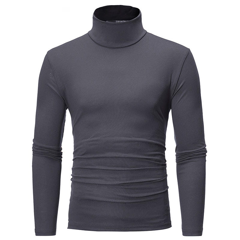 Ein dunkelgraues Herren-Thermo-Rollkragenpullover Slim Fit Langarmshirt aus formstabilem Stoff mit dezentem Raffiendetail im Taillenbereich sowie an den Bündchen.