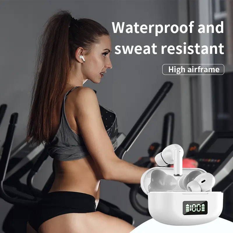 White wireless earbuds with active noise cancelling and Bluetooth 5.3 in a matching charging case featuring a digital display