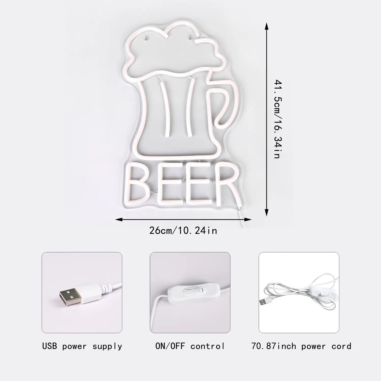 Signe mural en néon mené blanc en forme de chope de bière, avec le mot bière en dessous, conçu pour la décoration de bar et de cave à hommes.