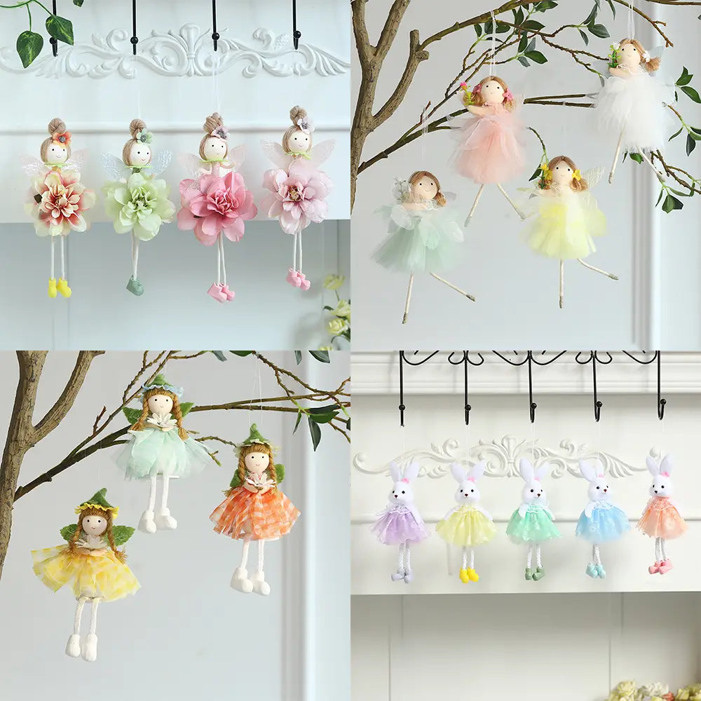 Österliche Hasen-Feen-Ornamente in Form von hängenden Deko-Objekten mit pastellfarbenen Feen- und Hasenmotiven, mit zarten Stoffkleidern, weichem Garnhaar und bestickten Gesichtszügen.