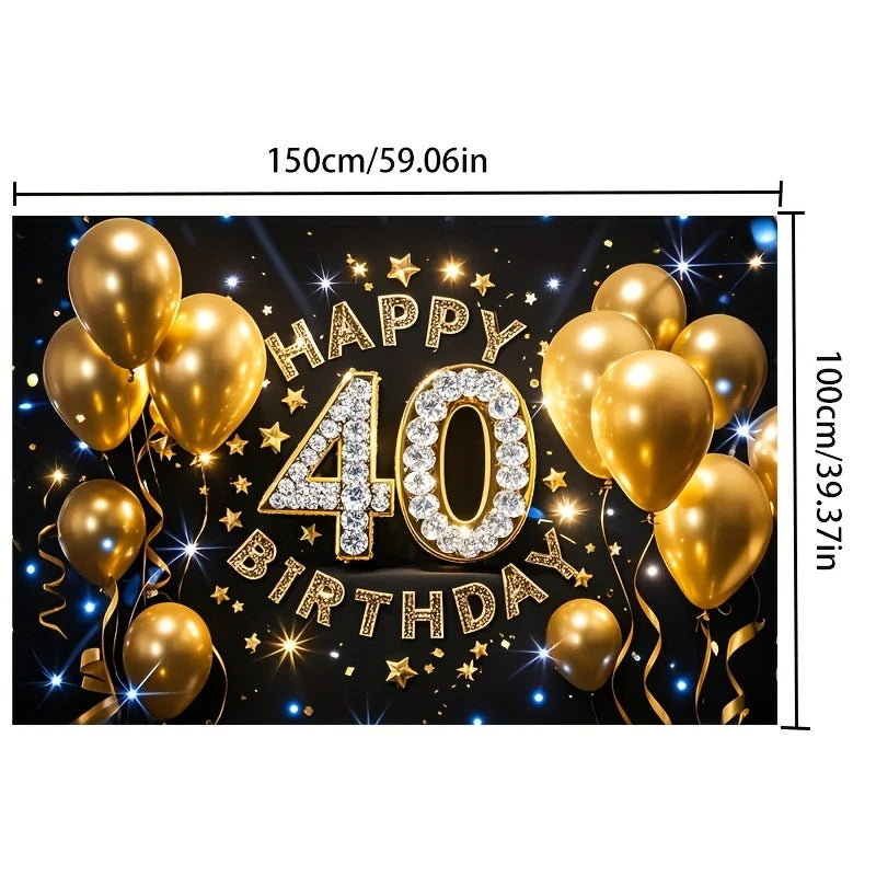1 40th birthday background cloth - black gold glitter studio background with gold balloons and stars