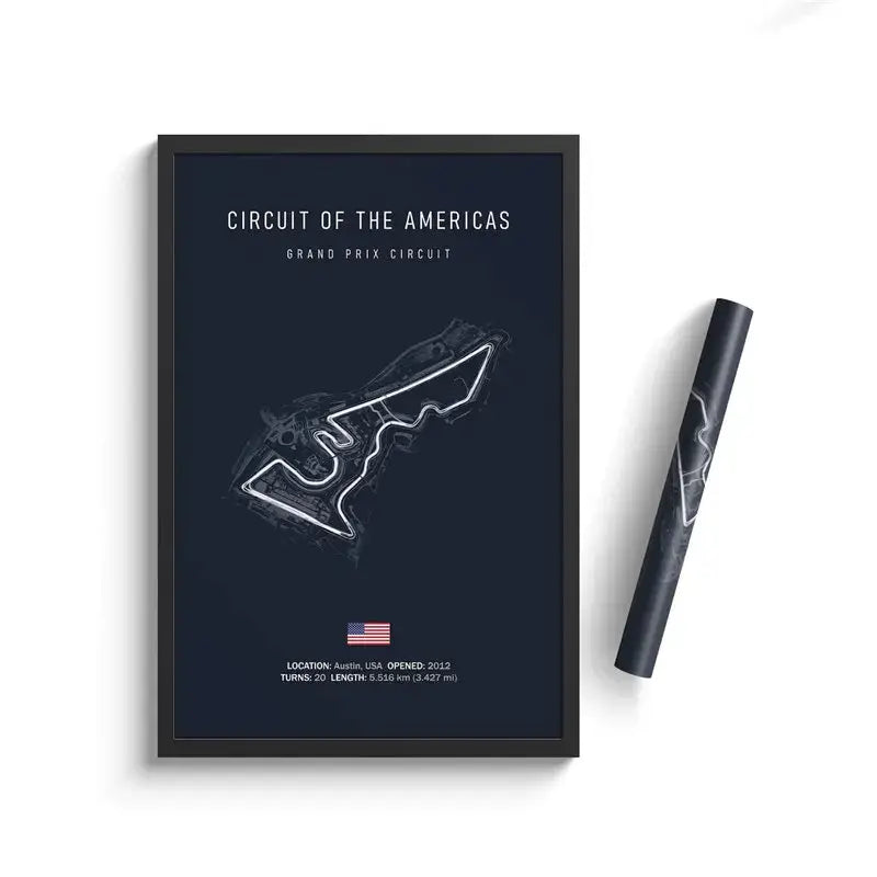 Œuvre murale encadrée en noir, présentant un dessin en lignes blanches du circuit du Circuit des Amériques sur un fond bleu marine foncé, pour la décoration de la maison dédiée au sport automobile.