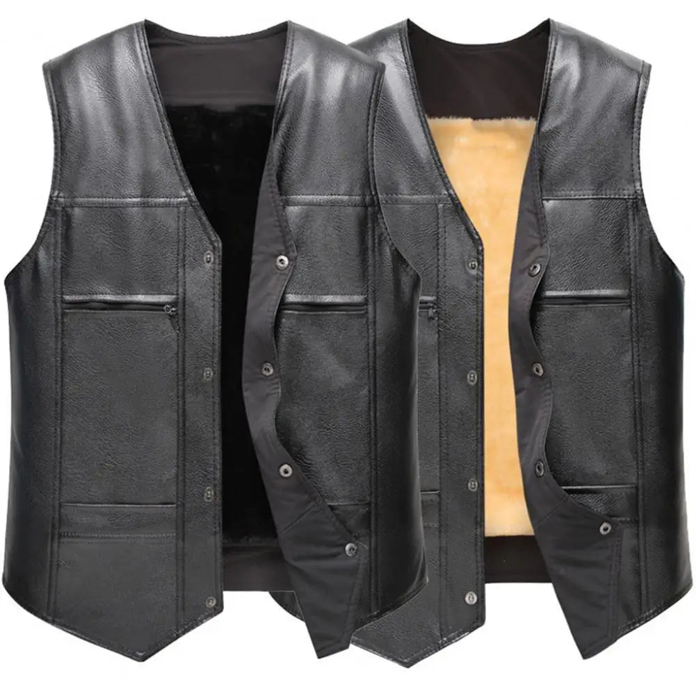 Faux Leather Waistcoat Men Motorcycle Vest Coat Warm Autumn Winter Single Breasted V-neck Sleeveless Jacket