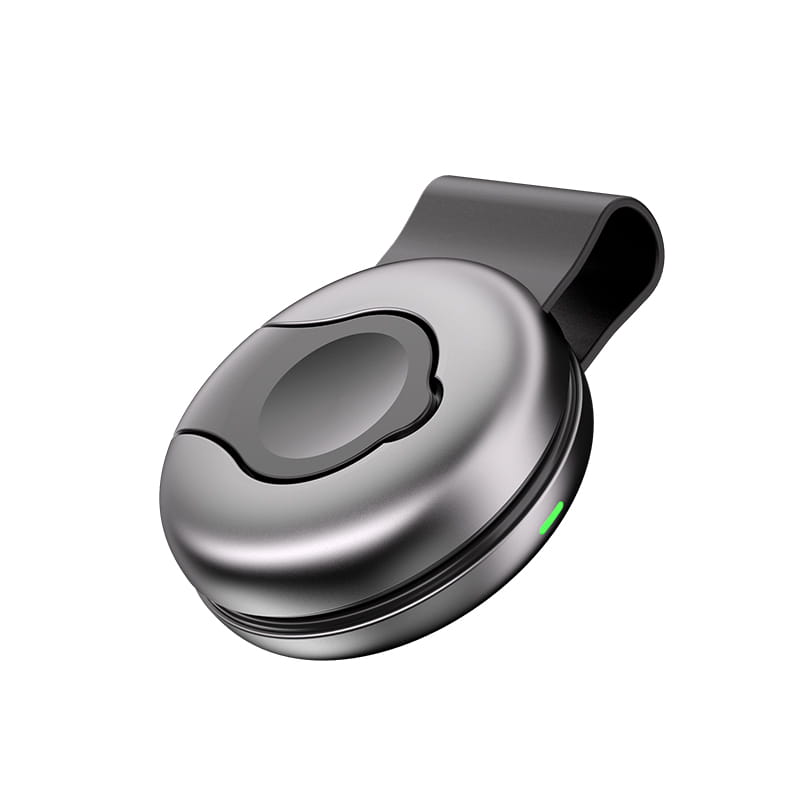 Foldable 3-in-1 magnetic wireless charger in matte black and silver features a sleek circular clip-on design with a subtle green indicator light.
