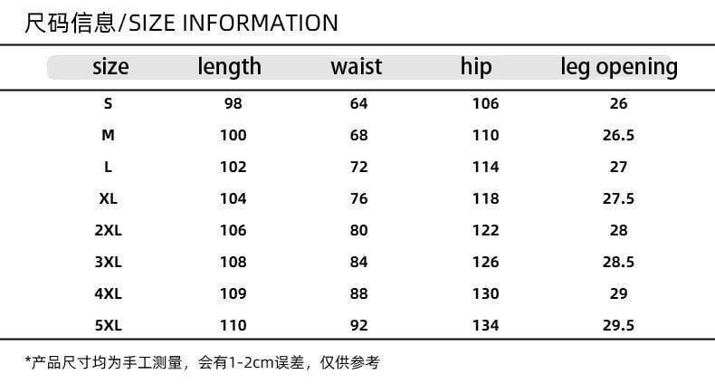 カモ柄カーゴパンツのタクティカルジョガー（メンズ）に関する、サイズsから5xlまでの計測値を示すセンチメートル単位のサイズ情報表。