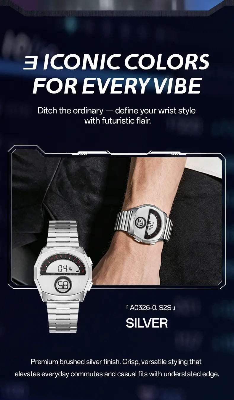 Megir men stainless steel digital watch featuring a silver brushed metallic finish and a sleek angular design.