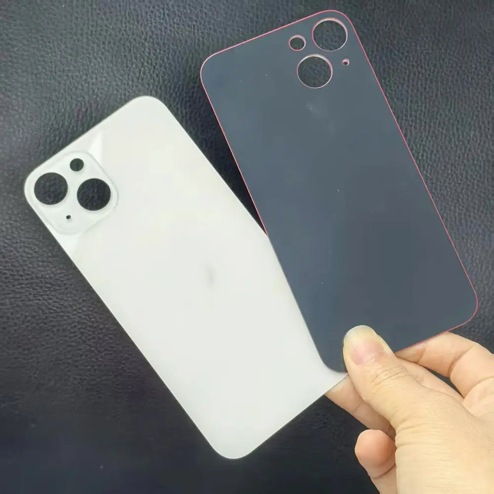 vitre de coque arrière transparente blanche et noire de remplacement pour iPhone 13 avec bordure rose, présentant un grand design de vitre et compatible avec les modèles de grande caméra en verre, vus depuis le côté arrière