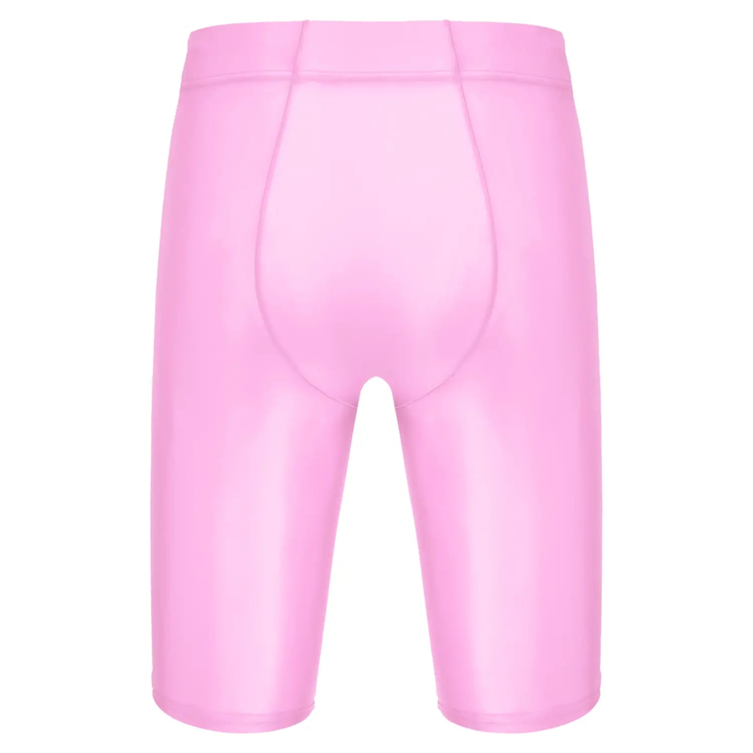 Shorts de bicicleta rosa brillantes, ajustados, con cintura alta y diseño sin costuras, mostrados desde la parte trasera en un producto titulado camiseta de compresión para hombre de manga larga y acabado brillante