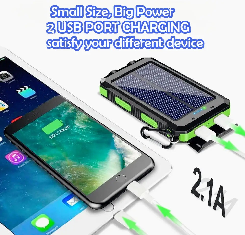 Black and green rugged solar power bank 20000mAh portable charger with two USB ports for outdoor use
