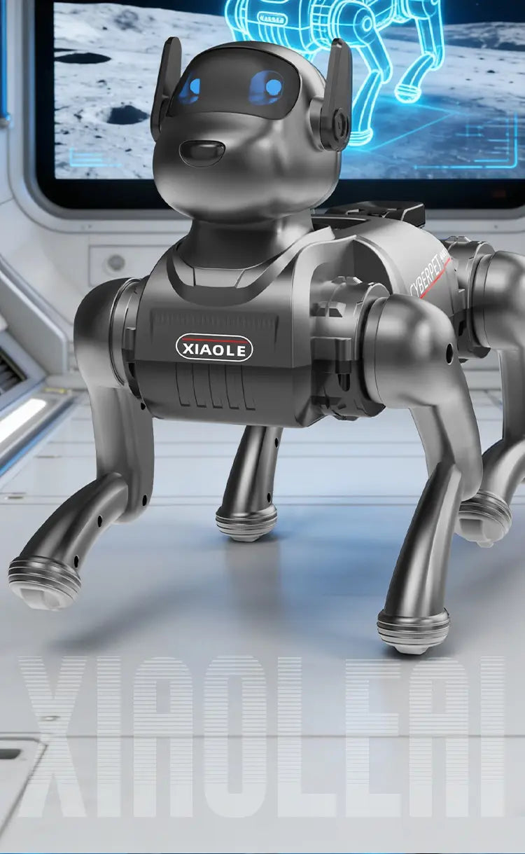 Silver metallic ai smart robot dog with blue glowing eyes and xiaole logo on its chest designed as an interactive electronic pet.