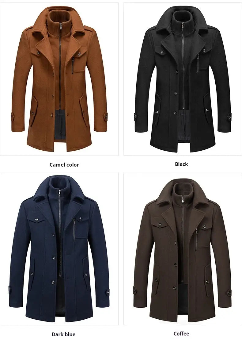 Herren-Woll-Trenchcoat mit Doppelkragen als Winterjacke in Camel, Schwarz, Dunkelblau und Kaffee-Farben aus einem Wollmix gefertigt, mittellange Passform für Herren modname=ckeditor