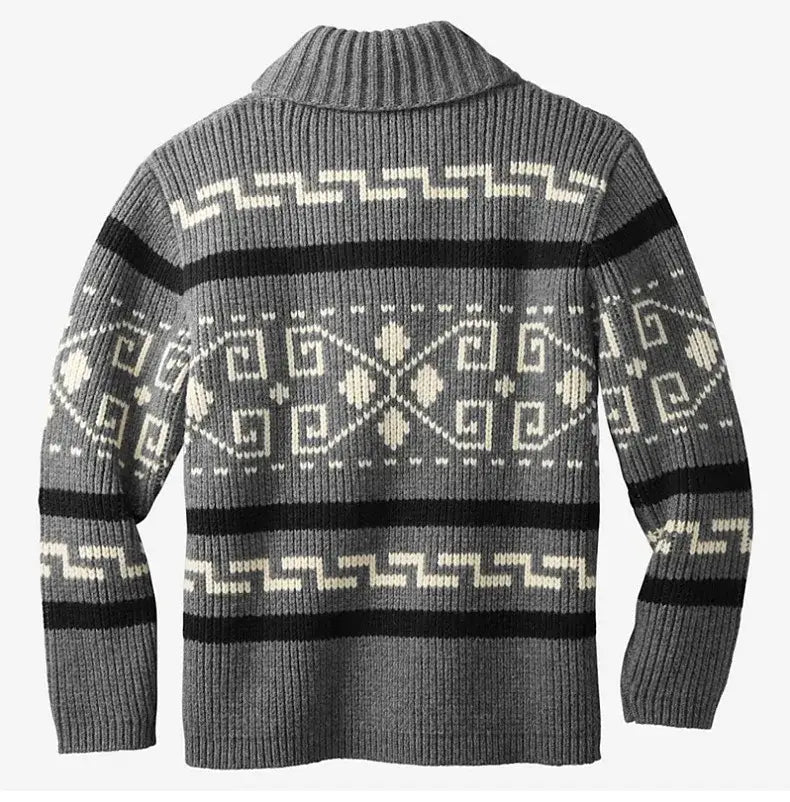 Pull-over cardigan vintage à fermeture éclair géométrique pour homme en maille gris et noir, avec des motifs géométriques couleur crème.