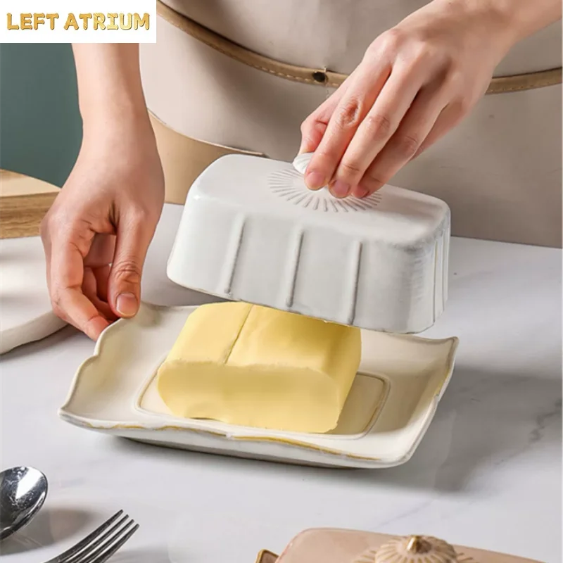 Ceramics Tableware Butter Box with Lid Butter Dish Cheese Plate Dinner Plate Baking Butter Pan Dim Sum Dish Cake Pan Snack Tray