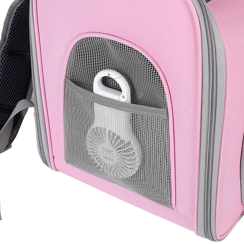 Sac à dos de transport pour animaux rose en tissu Oxford, avec panneau en maille grise et éléments décoratifs de fermeture éclair, conçu pour les petits chats et les petits chiens.