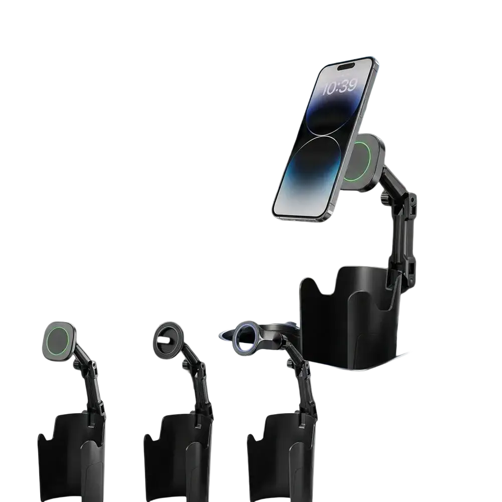 Black cup holder phone mount with strong magnet and adjustable arm for eye level car use and universal drink base