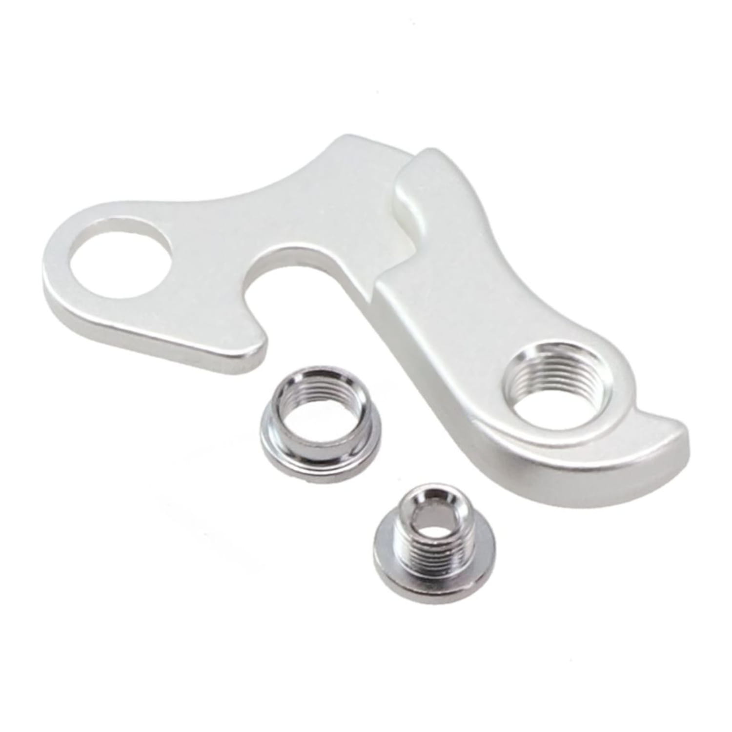 Placa/soporte de cambio trasero de aleación de aluminio plateada metalizada para Merida y Carrera, mostrada desde la parte posterior con dos componentes de fijación roscados a juego.