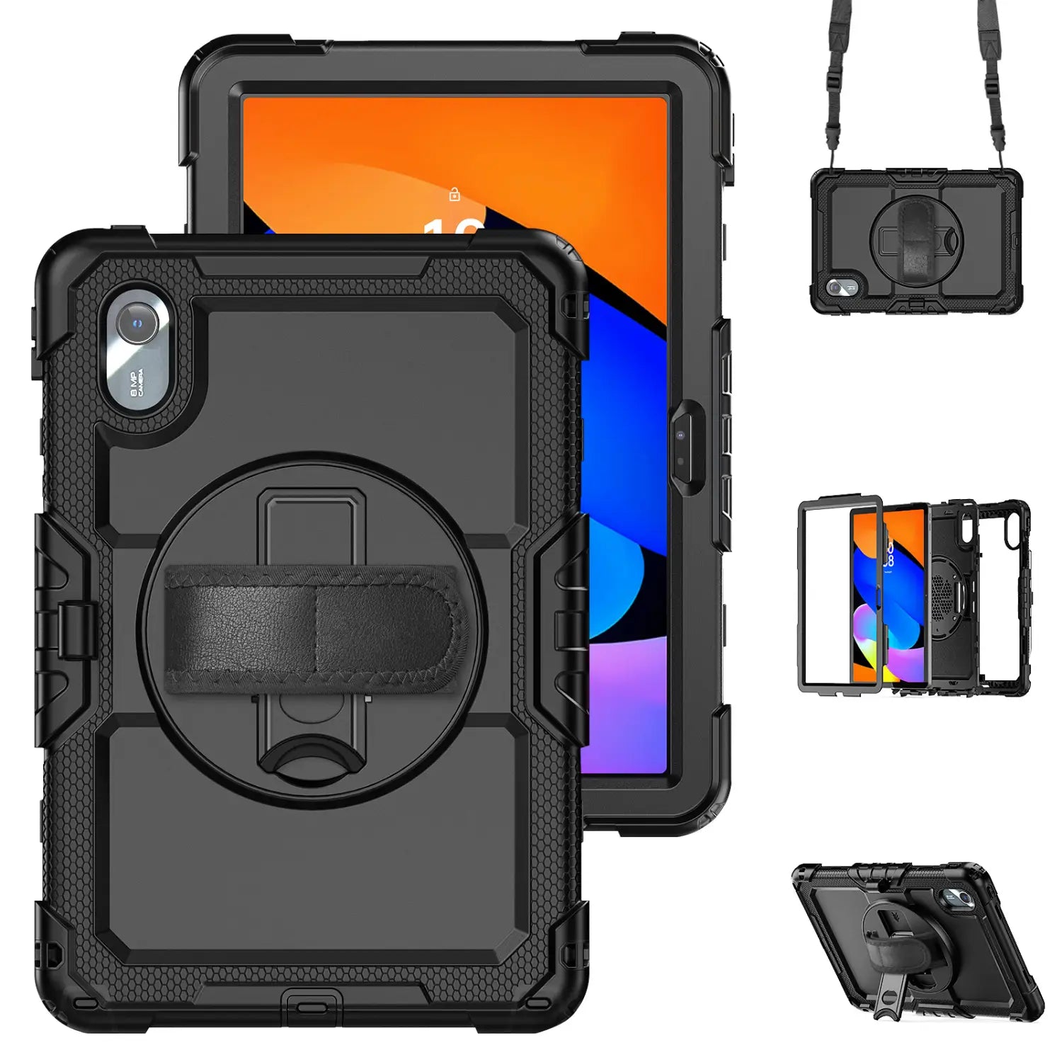 black rugged tb336fu xiaoxin pad 11 armor case featuring textured reinforced edges and a built-in rotating kickstand on the back side for versatile use