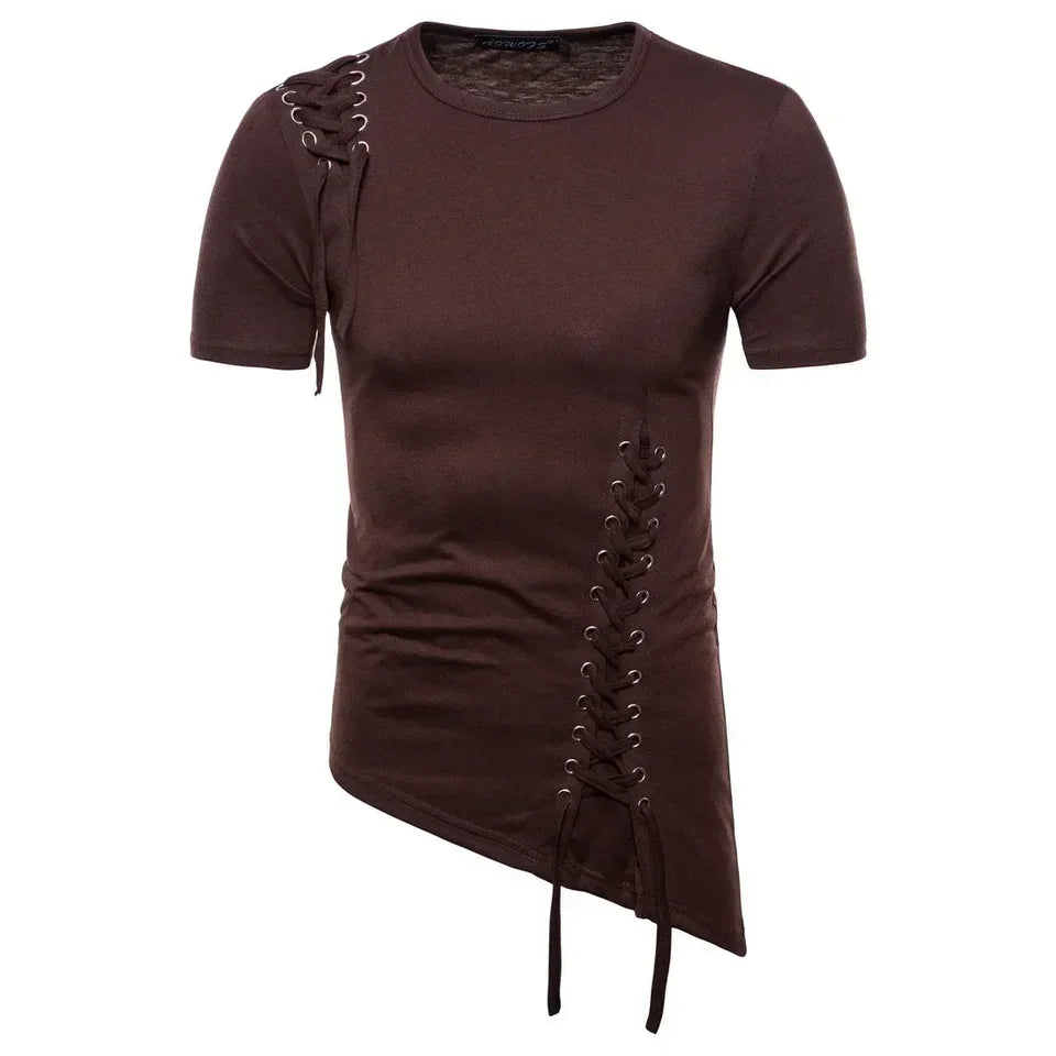 New Men's Summer Short Sleeve T-shirts Trend Irregular Design Lace Up Solid Slim Tees Fashion Gothic Style Casual Shirts Men