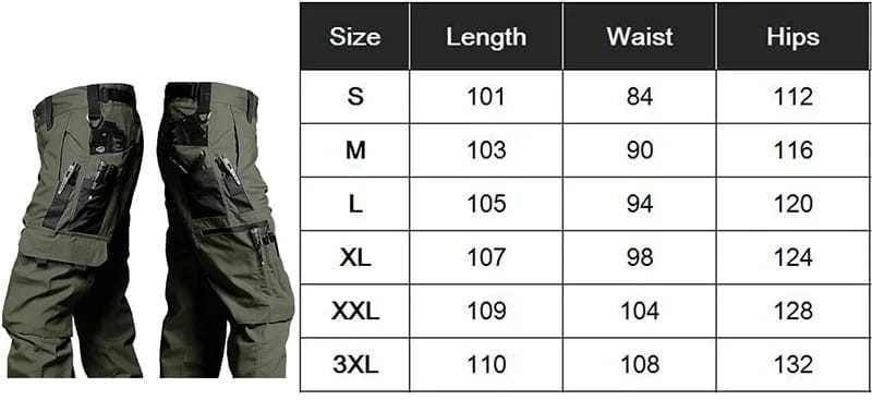 Pantalons cargo tactiques imperméables pour hommes en vert olive, dotés de plusieurs poches et de coutures renforcées.