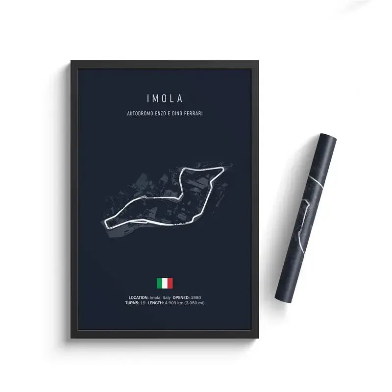 Œuvre murale en toile du circuit de Formule 1 encadrée en bleu foncé, présentant un dessin en lignes blanches du circuit d’Imola, avec du texte et un drapeau italien, adaptée à la décoration de la maison dédiée au sport automobile.