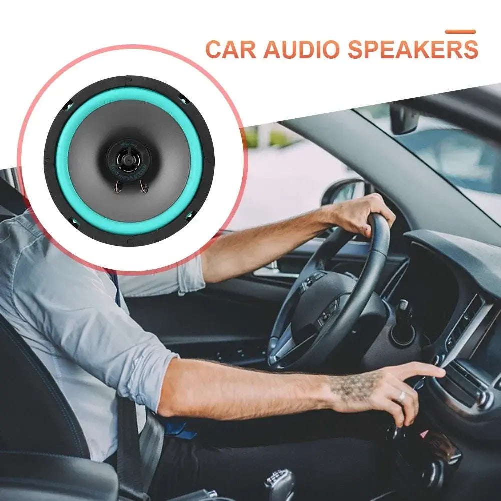 Teal and black car speakers universal hifi coaxial subwoofer audio stereo with a circular design.