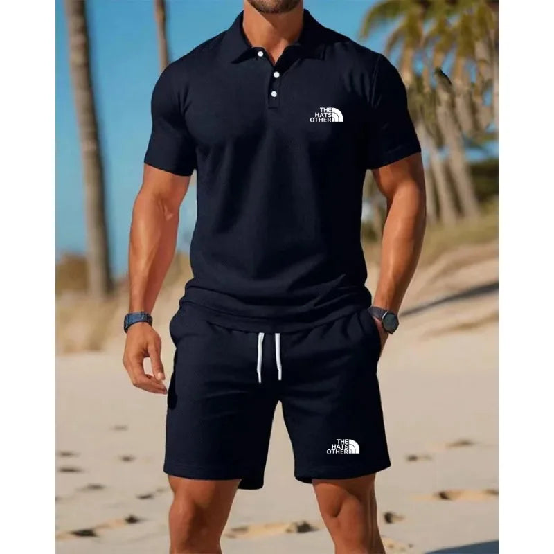 Daily essential men's casual Polo set exquisite letter printing soft glutinous fabric home fitness jogging versatile shorts set