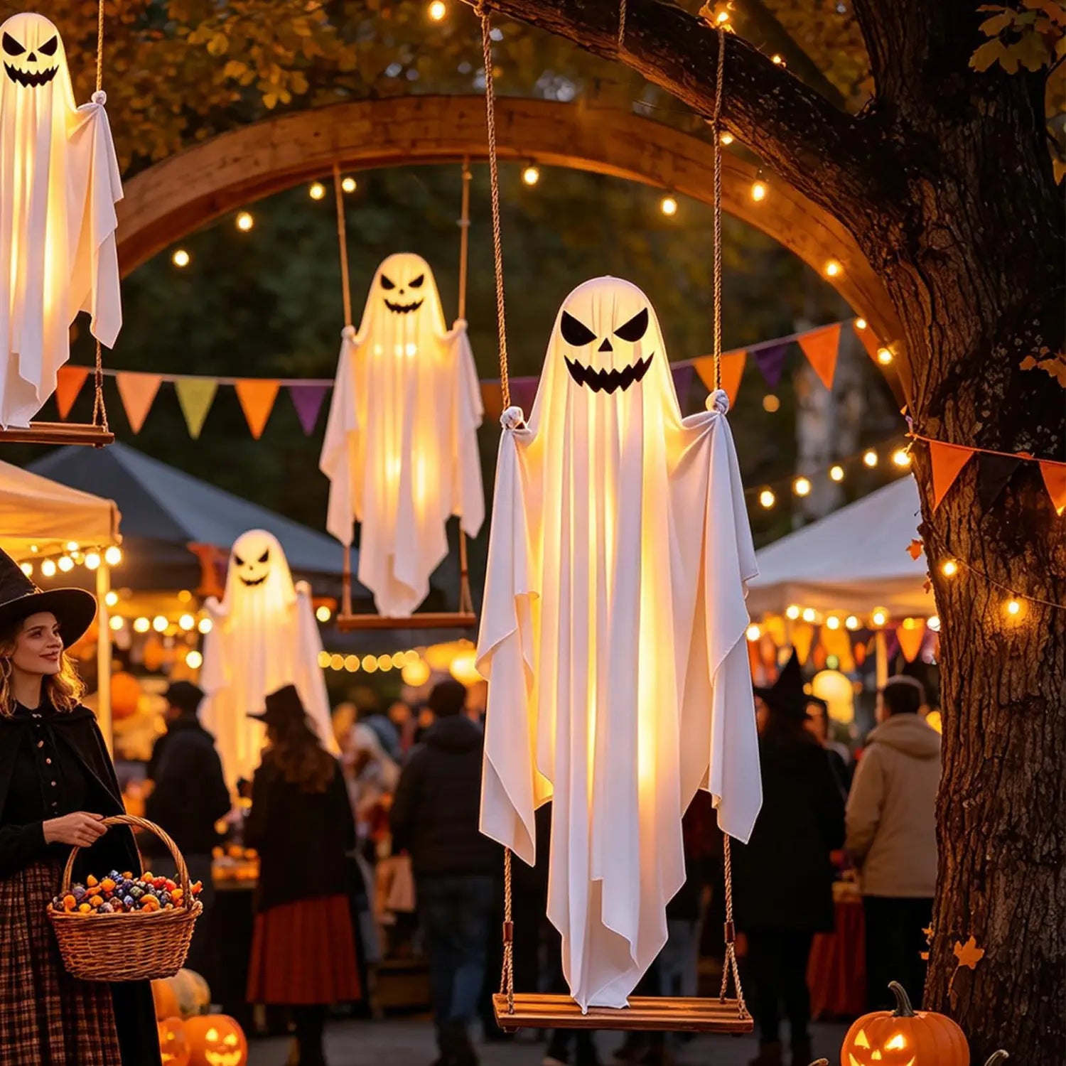 Decoraciones de fantasma colgantes blancas iluminadas que cuelgan de un columpio de árbol, utilizadas como decoración para columpio de árbol de Halloween y con una medida de 47 pulgadas en un festival de Halloween.