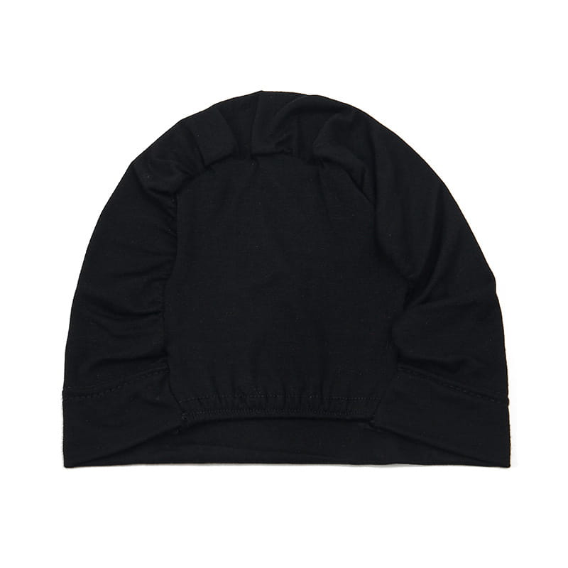 black soft-textured knit beanie with slightly gathered crown and ribbed brim from stretchy jersey hijab cap and turban set