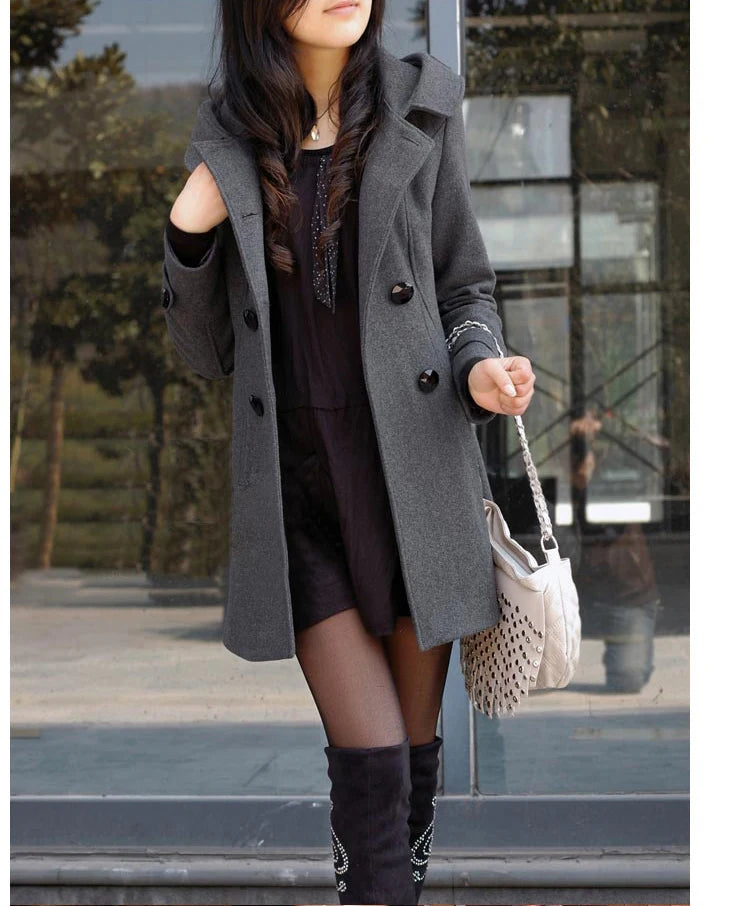 Fashion Winter Warm Mid-length Woolen Coat Women's Fall & Winter Long Sleeve Cotton Jacket with Hood  Double-breasted Outerwear