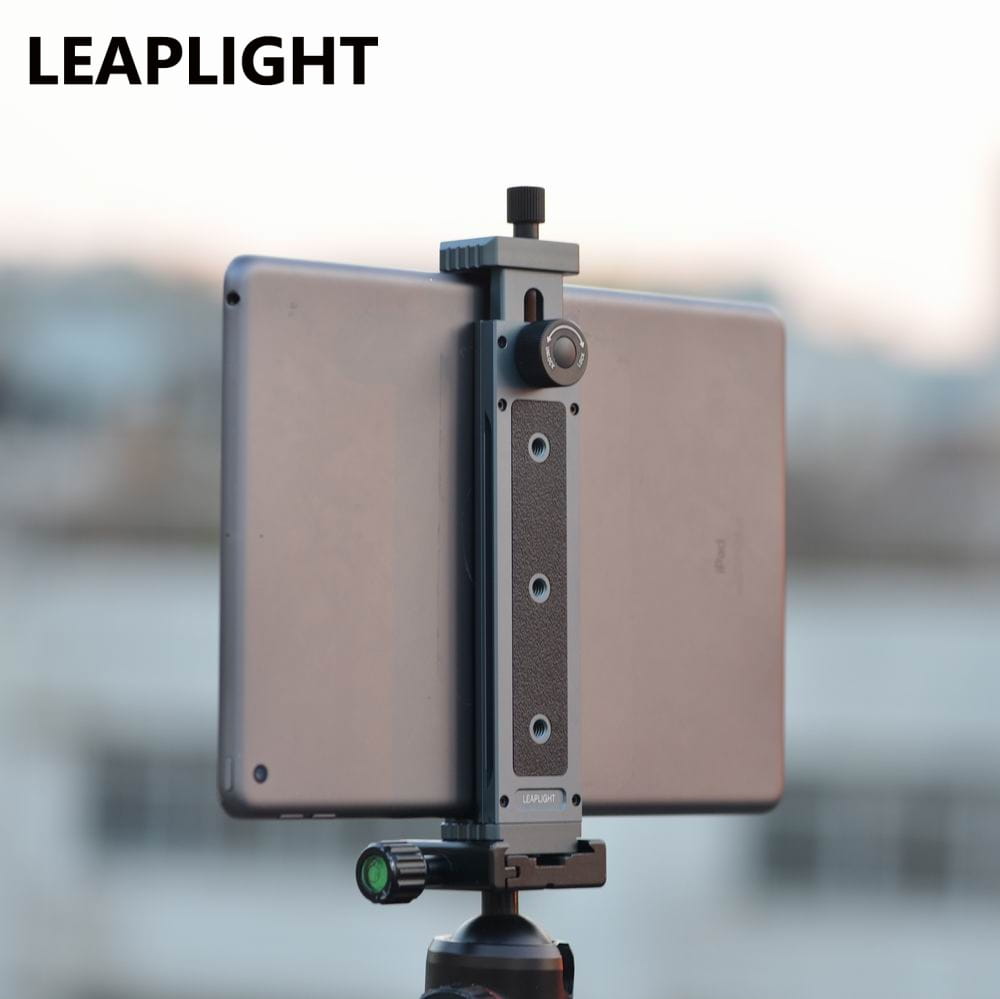 silver aluminum tablet clamp with adjustable universal tripod mount adapter and tripod base for secure device support