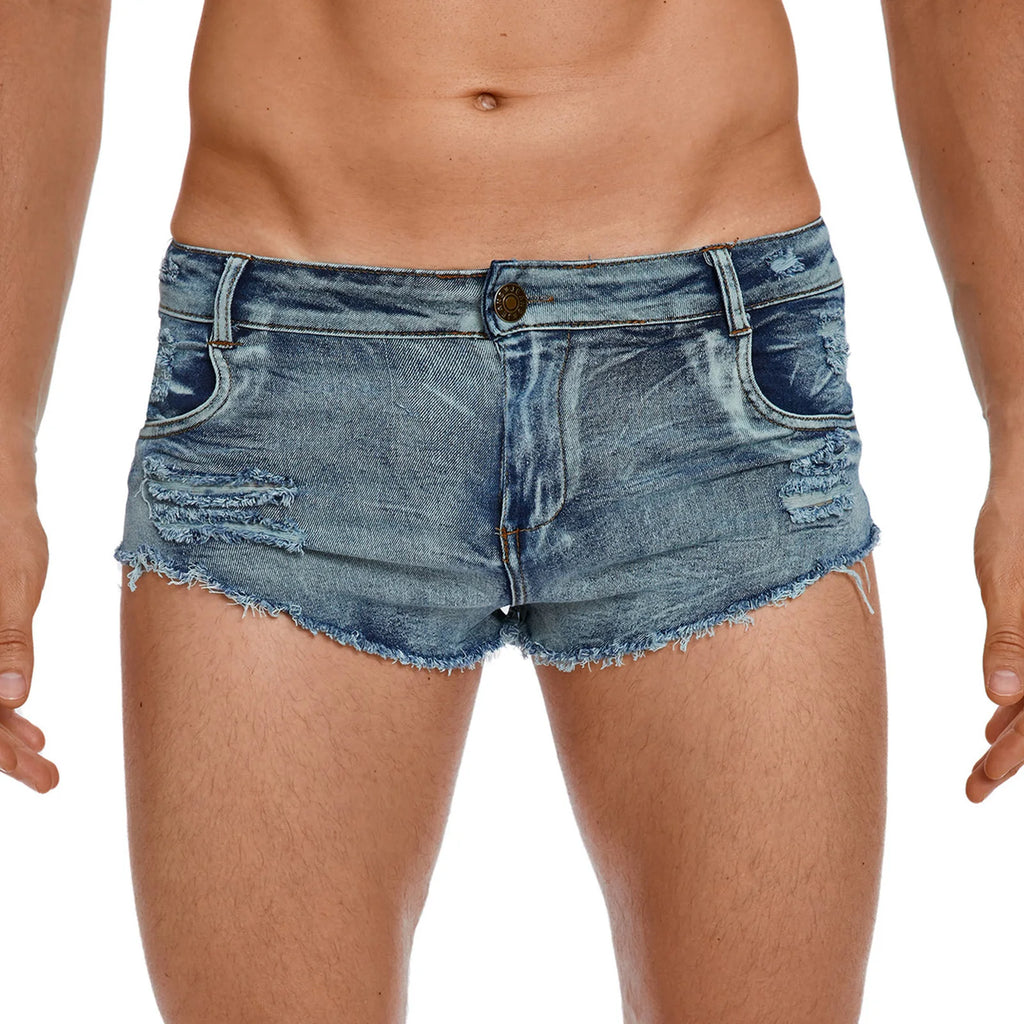 Mens Denim Boxer Shorts Stylish Ripped Bottoms with Pockets Low Rise Raw Trim Distressed Mini Shorts Hot Pants for Rave Party