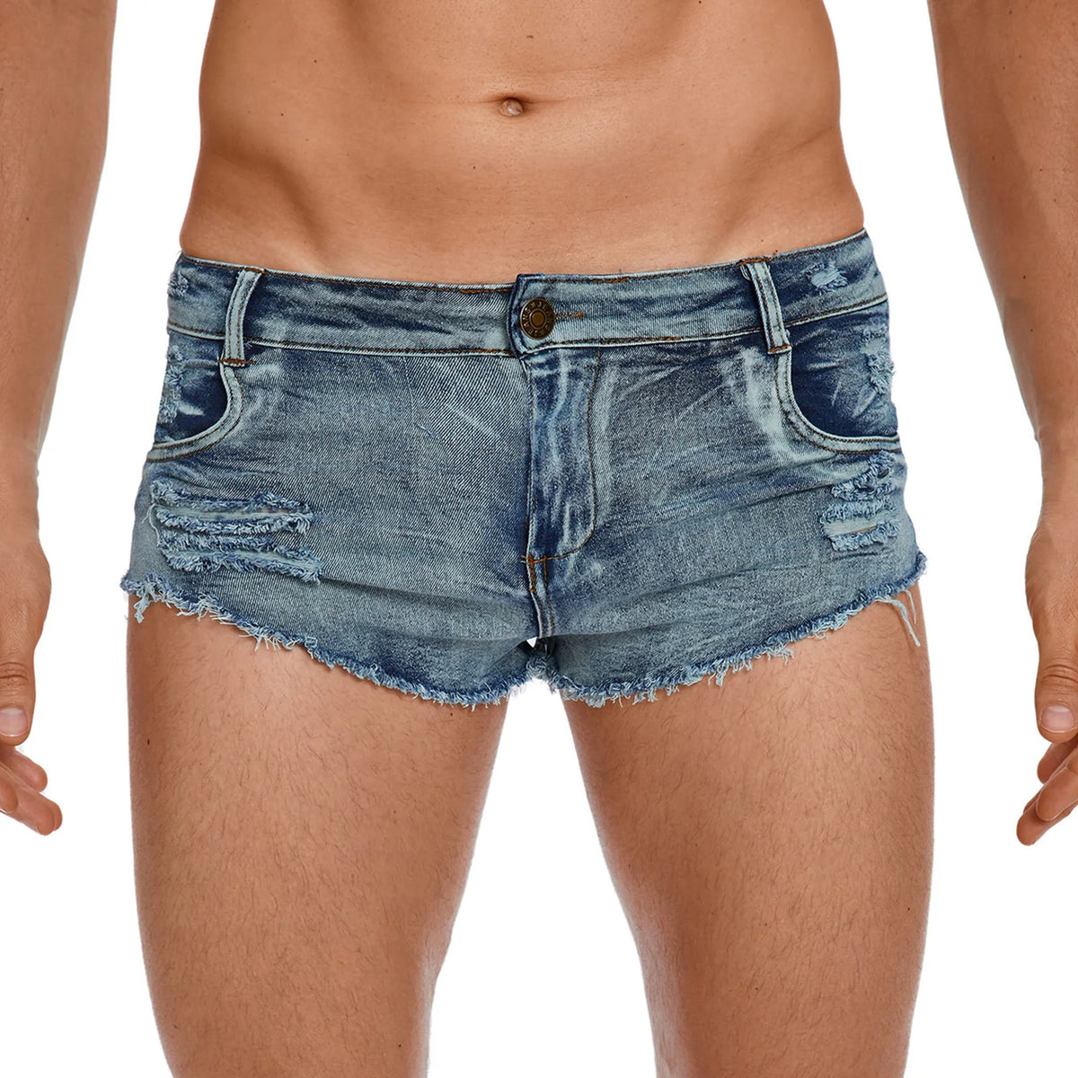 Mens Denim Boxer Shorts Stylish Ripped Bottoms with Pockets Low Rise Raw Trim Distressed Mini Shorts Hot Pants for Rave Party