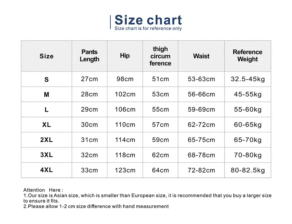 Size chart for men athletic shorts 3-pack running pants displaying measurements in centimeters and reference weight ranges for sizes s to 4xl.
