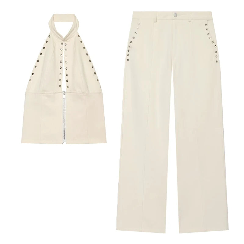 Women's Denim 2 Piece Sets Casual White Halter Sleeveless Metal Rivet Zip-Up Crop Tops & Wide Leg Pants Sets Female Streetwear