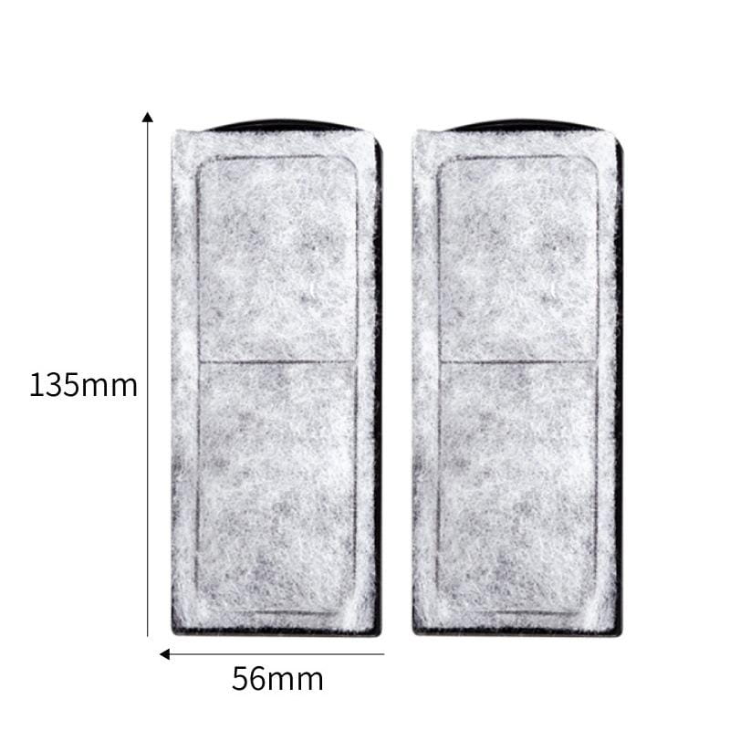 two light gray rectangular felt filter pads with black borders and subtle texture for aquarium carbon filter cotton 6pcs shown with manual measurement details