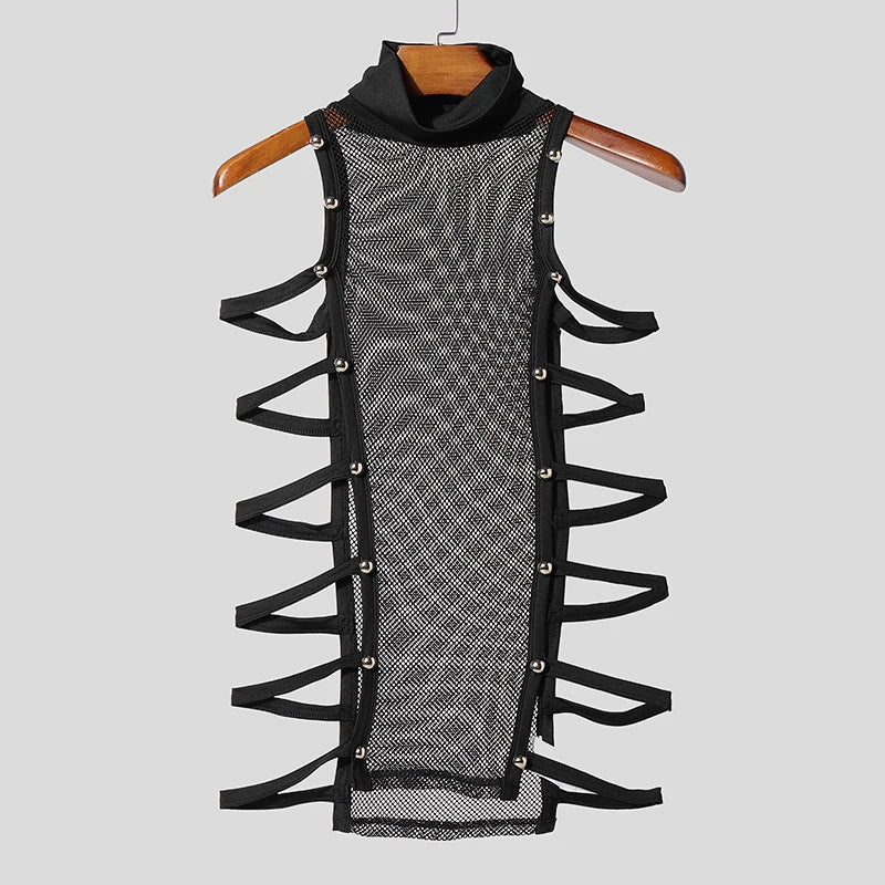 Men Tank Tops Mesh Patchwork See Through Turtleneck Sleeveless SummerMale Vests Streetwear Hollow Out Sexy Men Clothing INCERUN