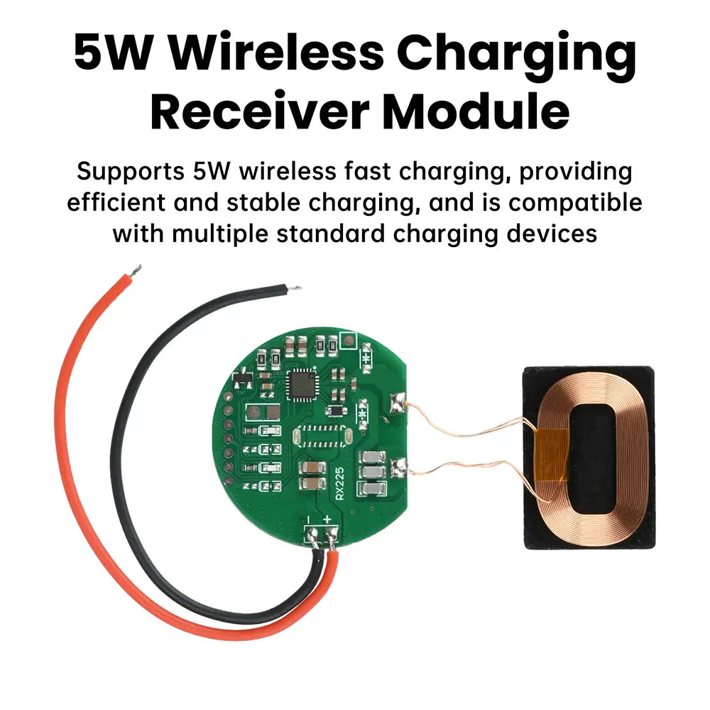 銅コイルおよび赤黒の配線を備えたタイプCの緑色円形ワイヤレス充電受電モジュールで、正負のハンダ接続用ソルダパッド出力を示す