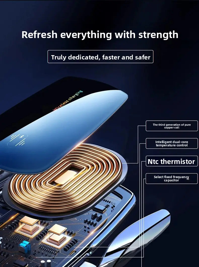 blue auto clamping wireless car charger phone mount with a sleek metallic finish and visible copper coil design for wireless charging.